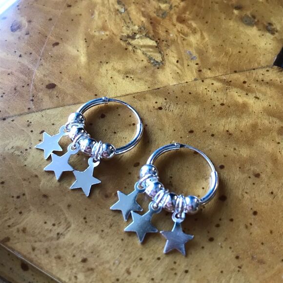 Sterling Silver Star Hoop Earrings - Picture 2 of 6